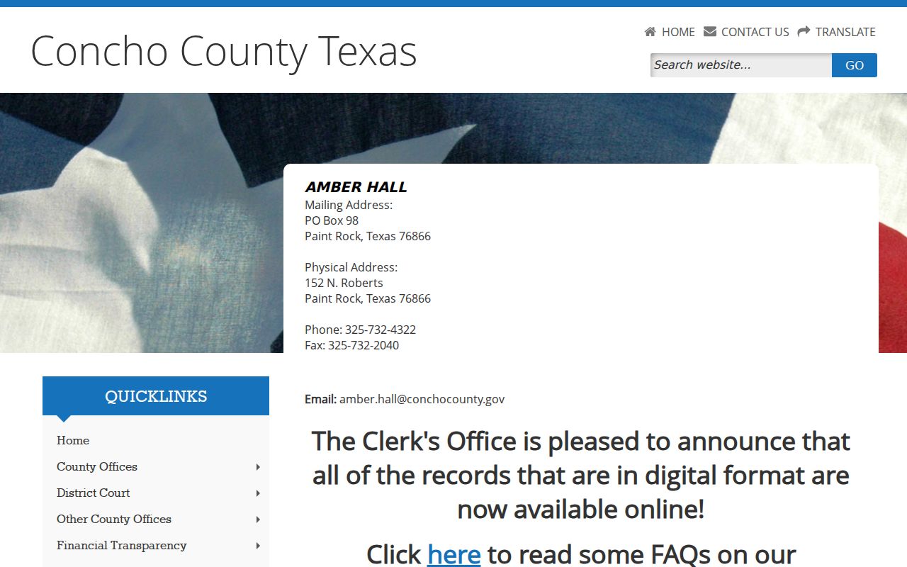 Concho County criminal history District Clerk records page